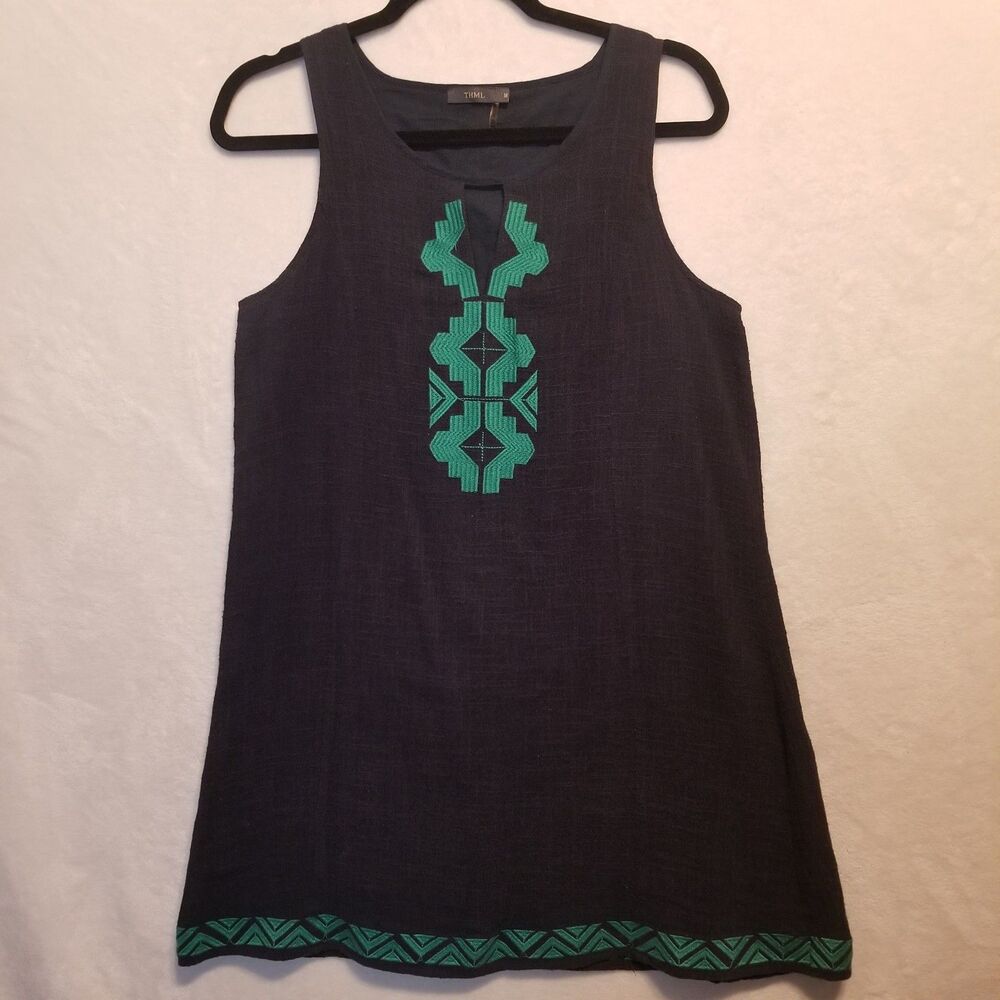 THML M Dress Navy Blue Gauze Cotton Lined Embroidered Shift Coastal Southwestern